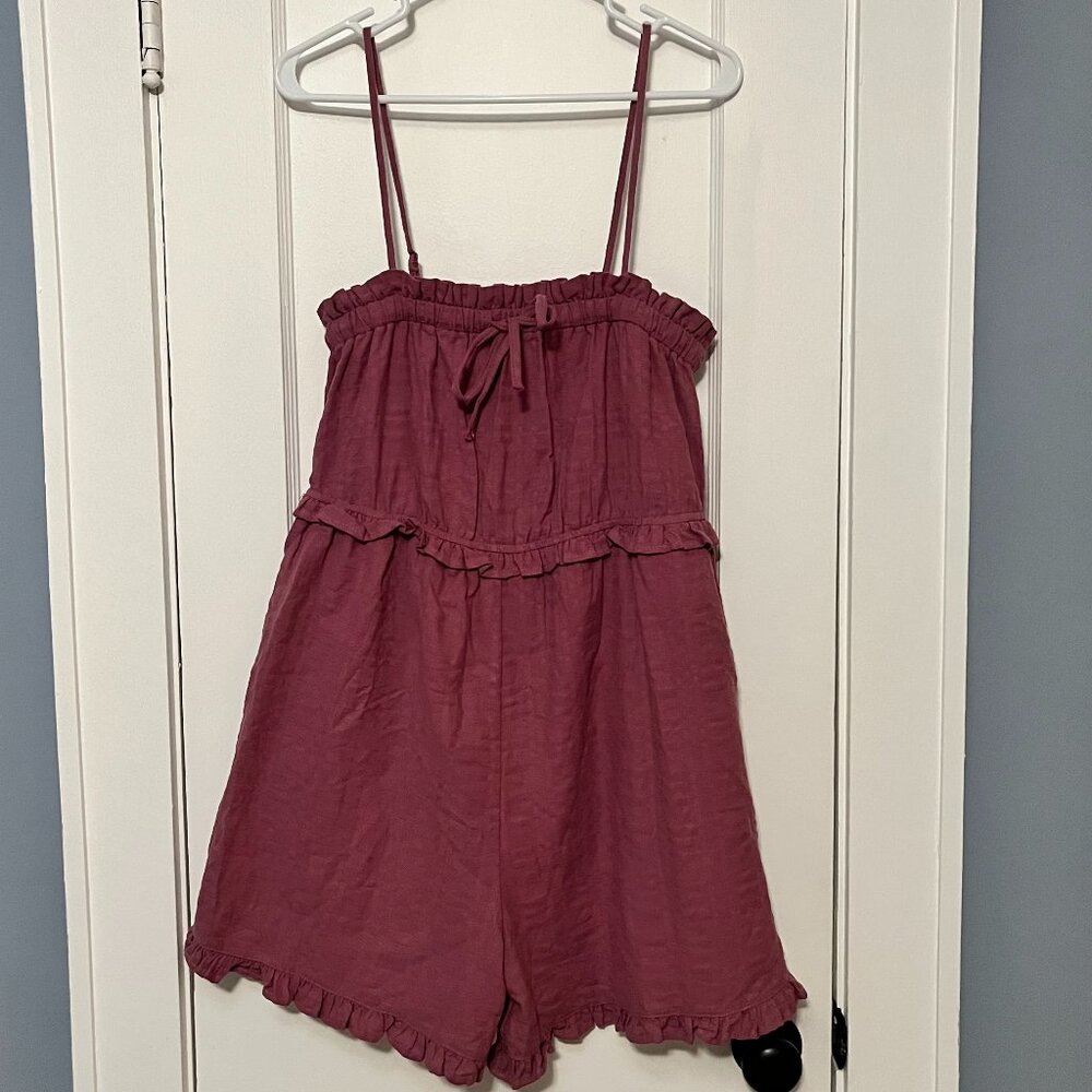 Easel rose pink mauve tie front wide leg romper ruffle twee boho size medium